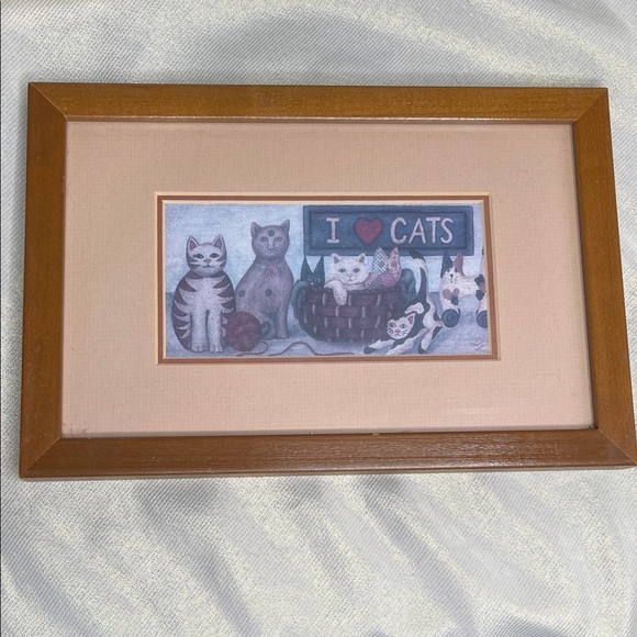 Vintage 90s Folk Art Style Cat Art Print I Love Cats Tan Brown Real Wood Frame - Picture 2 of 6